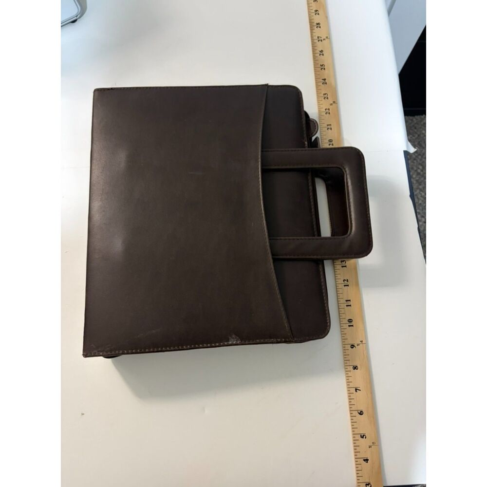 Brown Leather briefcase portfolio, zippered multi pockets, calculator